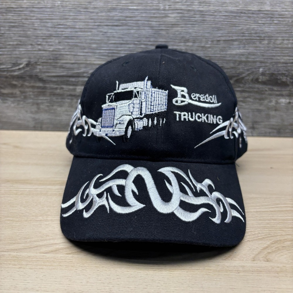 Bergdoll Trucking Hat Cap Strap Back Black Embroidered Semi Truck Mens Trucker